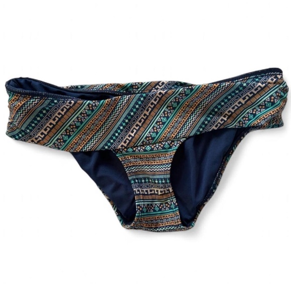 Kirra Teal, Navy & Tan Aztec Fold-Over Bikini Bottoms - Picture 3 of 8